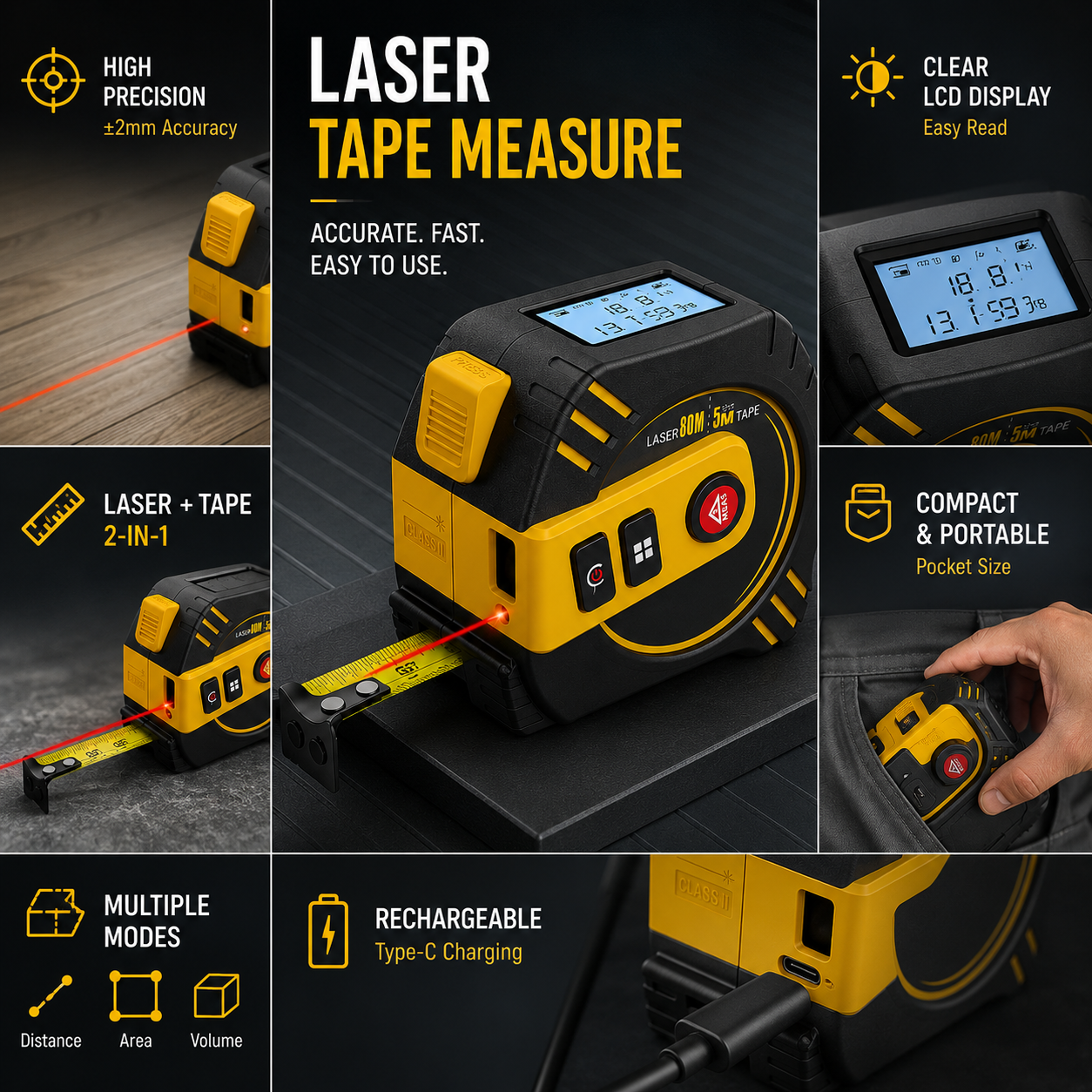 Nohawk Laser Afstandsmeter 40m, 2-in-1 Meetlint By Aliver