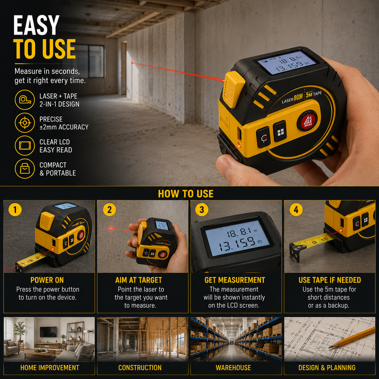 Nohawk Laser Afstandsmeter 40m, 2-in-1 Meetlint By Aliver