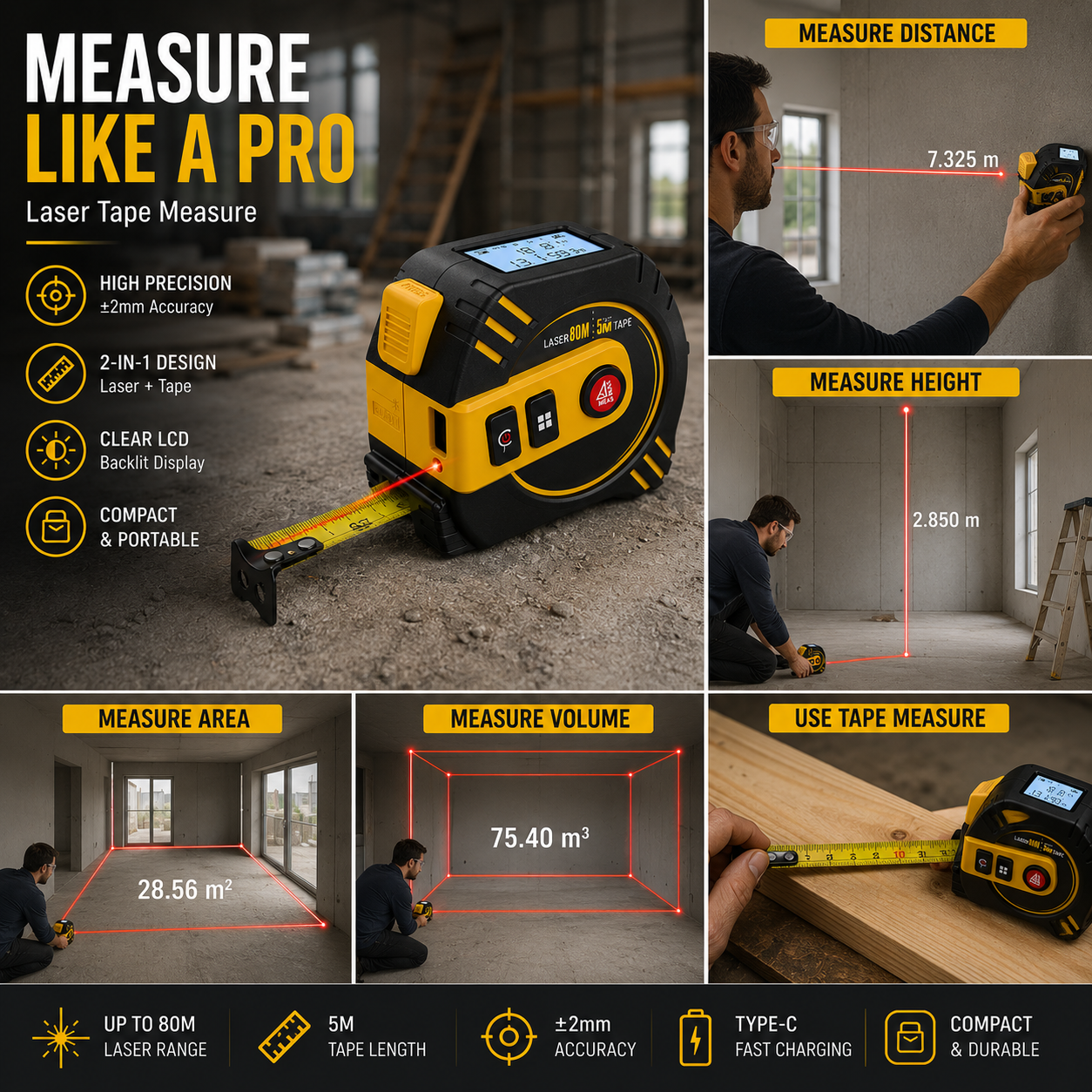 Nohawk Laser Afstandsmeter 40m, 2-in-1 Meetlint By Aliver